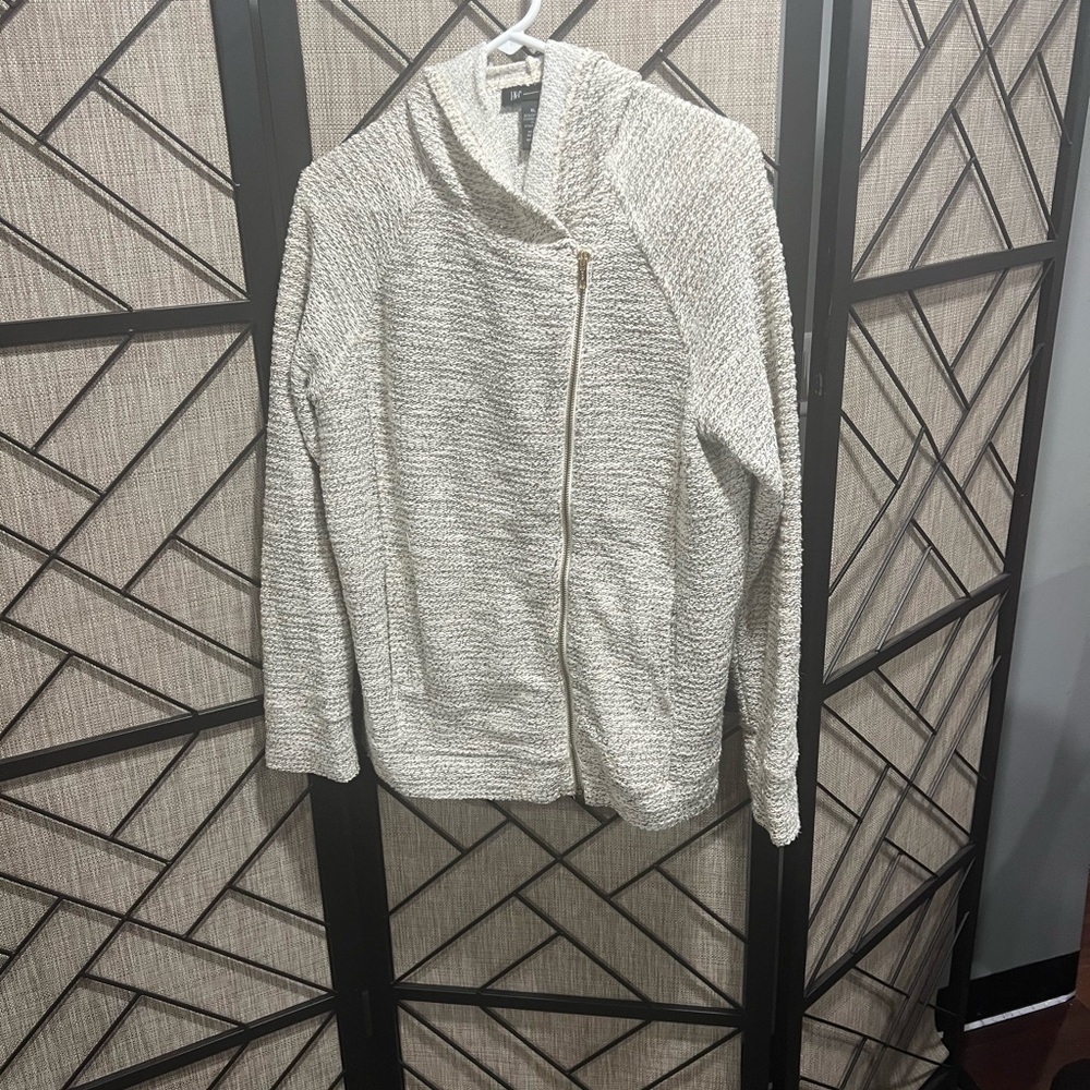 INC Shimmery Cream Knit Full-Zip Sweater W/ Hood & Pockets - XL